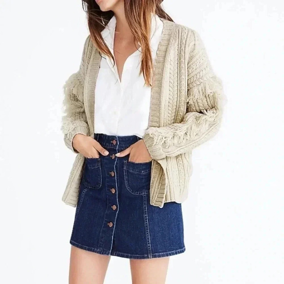 Madewell Cable Knit Fringe Cardigan Sweater 100% Merino Wool Tan Crop - Picture 2 of 13